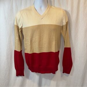 Gently Used Men’s BDG Colorblock V-neck Cotton Sweater Size Small Red/Tan/Beige